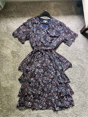 Sandra Darren Navy Multi-Color Tiered Midi Dress